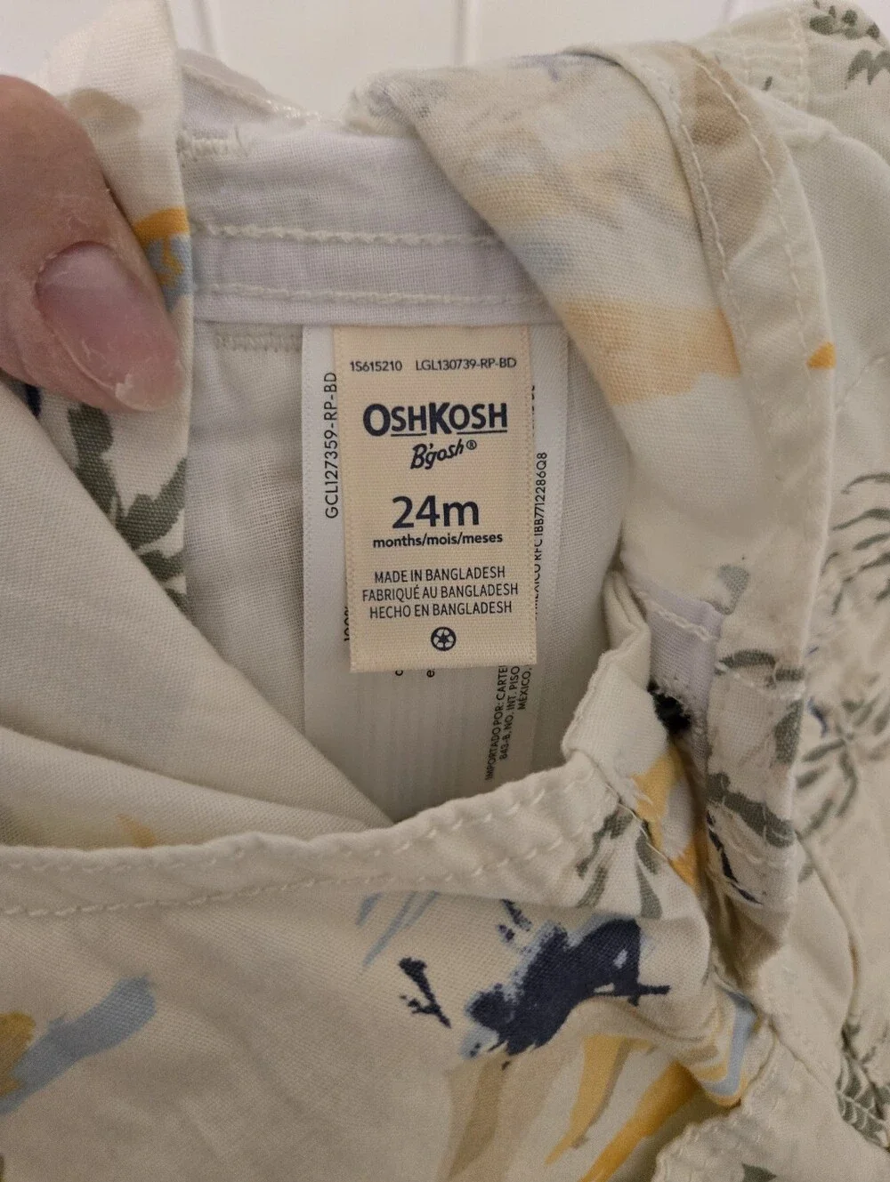 OshKosh B'gosh Cream Tropical Print Short Overalls with Blue and Yellow Accents